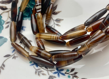 6x24 mm Smooth Barrel Shape Coffee Wave Line Agate Gemstone Beads Long Barrel Agate Gemstone 15.5 Inches Strand 16 Pieces #2603