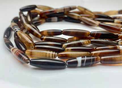 6x24 mm Smooth Barrel Shape Coffee Wave Line Agate Gemstone Beads Long Barrel Agate Gemstone 15.5 Inches Strand 16 Pieces #2603