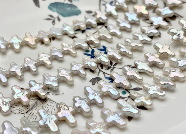 9x13-15 mm AAA High Luster Natural White Cross Coin Freshwater Pearl Beads Genuine High Quality White Cross Freshwater Pearl 46 Pieces #1786
