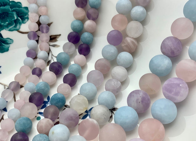 6mm 8mm 10mm 12mm AAA Natural Color Matte Smooth Round Mixed Rose Quartz Amethyst Aquamarine Matte Gemstone Beads 8 Inches Strand #2608