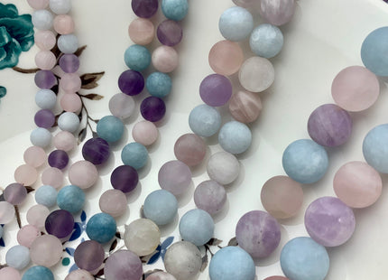 6mm 8mm 10mm 12mm AAA Natural Color Matte Smooth Round Mixed Rose Quartz Amethyst Aquamarine Matte Gemstone Beads 8 Inches Strand #2608