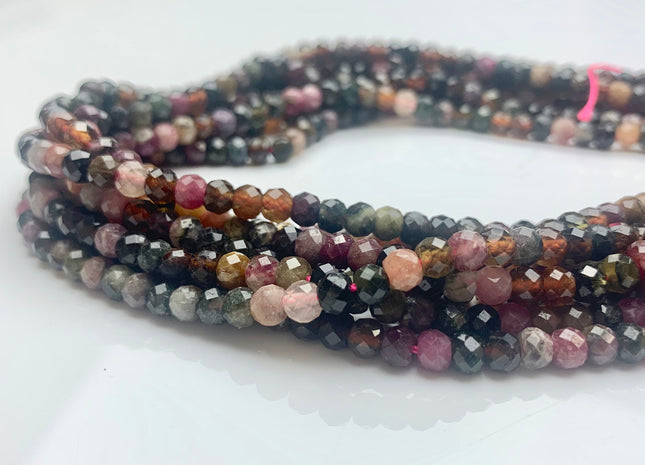3x4mm 4x5mm Natural Multi Color Faceted Rondelle Tourmaline Gemstone Beads Micro Faceted Pink Green Brown Tourmaline 15.5 Inches # 2621