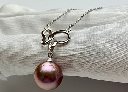 One-Of-A-Kind AAA Natural Dark Mauve Edison Pearl With 925 Sterling Silver Chain Double Heart Design Pearl Necklace Bridal Necklace #10341-A