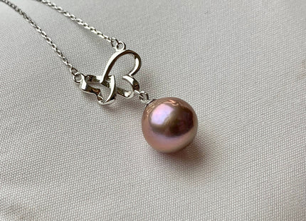 One-Of-A-Kind AAA Natural Dark Mauve Edison Pearl With 925 Sterling Silver Chain Double Heart Design Pearl Necklace Bridal Necklace #10341-A