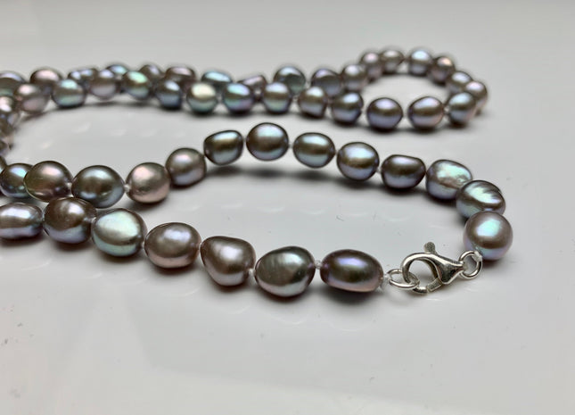 18/20/24 Inches Hand Knotted 8x10mm AAA Freshwater Potato Nugget Pearl Necklace Gray Color Genuine Pearl Necklace With Silver Clasp #1851