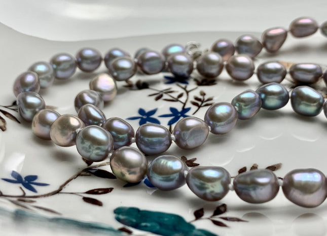 18/20/24 Inches Hand Knotted 8x10mm AAA Freshwater Potato Nugget Pearl Necklace Gray Color Genuine Pearl Necklace With Silver Clasp #1851