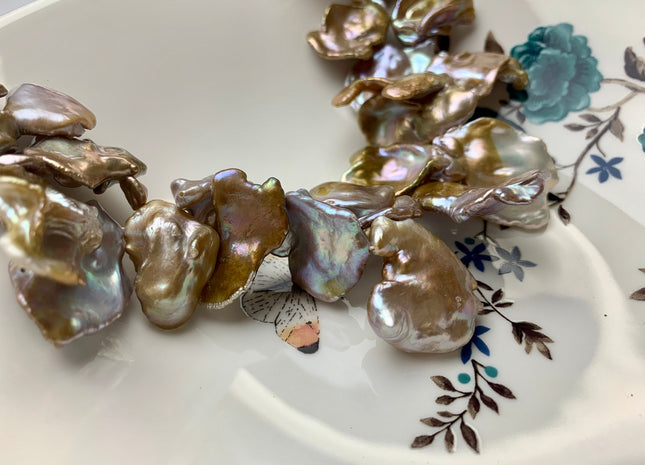 One-Of-A-Kind 25x35 mm AAA Rare HUGE Keshi Freshwater Pearl Beads Genuine Natural Gold Seaweed Mauve Pink Freshwater Keshi Pearls #1860