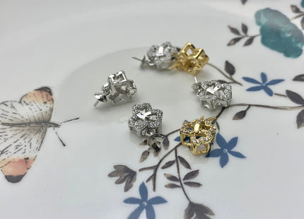 One Piece 925 Sterling Silver/Gold Pendant Setting Findings For Half Drilled Pearl Clover Leaf Shape Design W/CZ DIY Pendant #10343-A