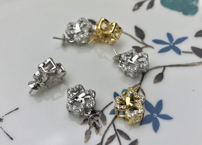 One Piece 925 Sterling Silver/Gold Pendant Setting Findings For Half Drilled Pearl Clover Leaf Shape Design W/CZ DIY Pendant #10343-A