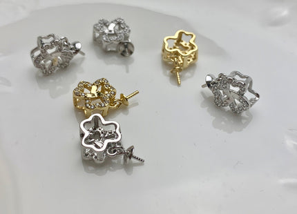 One Piece 925 Sterling Silver/Gold Pendant Setting Findings For Half Drilled Pearl Clover Leaf Shape Design W/CZ DIY Pendant #10343-A