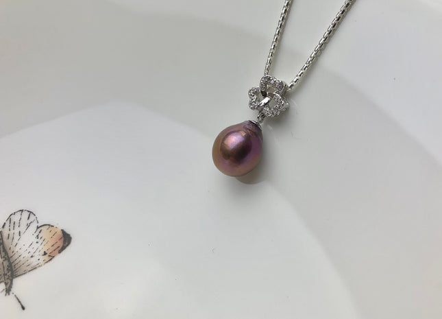 One-Of-A-Kind 13-14 mm AAA Very Rare Natural Dark Mauve Genuine Edison Pearl Pendant W/925 Sterling Silver Clover Leaf Design #1925-B