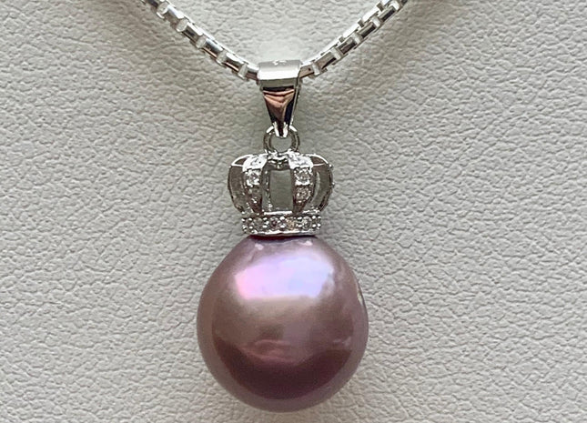 One-Of-A-Kind 11-12 mm AAA Very Rare Natural Dark Mauve Genuine Edison Pearl Pendant W/925 Sterling Silver Crown Shape Design #10371-B