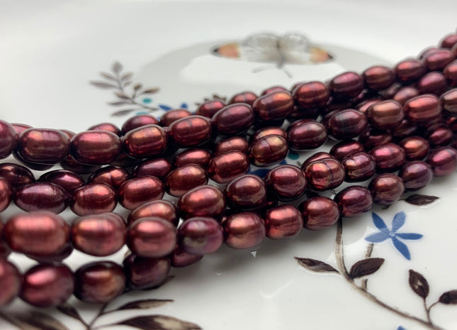 5.5x7-8 mm AAA Merlot Red Color Rice/Oval Shape Freshwater Pearl Beads Genuine Freshwater Rice Pearls Burgundy Red Color High Luster #1942