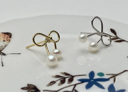 One Pair 925 Sterling Silver/Gold Earring Studs Setting Genuine 925 Silver With Bow Tie Ribbon Design For Half Drilled Pearls #10001