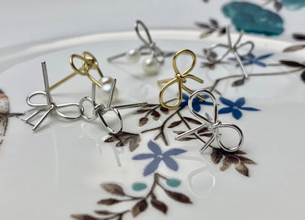 One Pair 925 Sterling Silver/Gold Earring Studs Setting Genuine 925 Silver With Bow Tie Ribbon Design For Half Drilled Pearls #10001