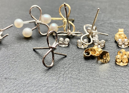 One Pair 925 Sterling Silver/Gold Earring Studs Setting Genuine 925 Silver With Bow Tie Ribbon Design For Half Drilled Pearls #10001