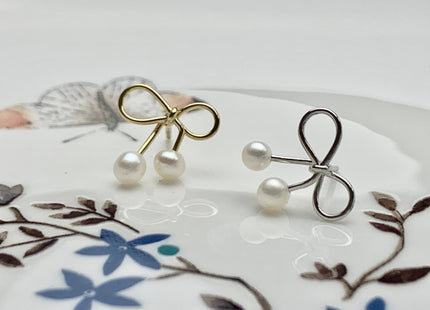 AAA 3.5-4.5 mm Genuine Freshwater Pearl Earring Studs With 925 Sterling Silver/Gold Post Bow Tie Ribbon Design Earring Bridal Jewelry #10001