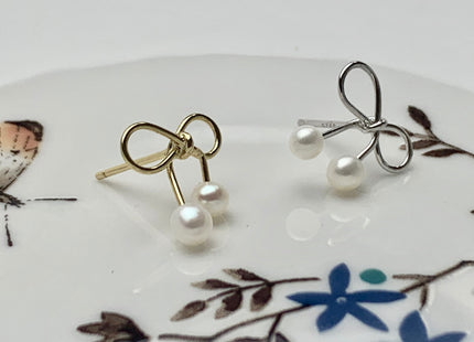 AAA 3.5-4.5 mm Genuine Freshwater Pearl Earring Studs With 925 Sterling Silver/Gold Post Bow Tie Ribbon Design Earring Bridal Jewelry #10001