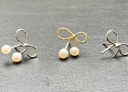 AAA 3.5-4.5 mm Genuine Freshwater Pearl Earring Studs With 925 Sterling Silver/Gold Post Bow Tie Ribbon Design Earring Bridal Jewelry #10001