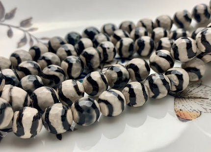 6mm 8mm 10mm 12mm AAA DZI Tibetan Agate Faceted Round Gray And Black Wave Line Tibetan Agate Gemstone Loose Beads #2571