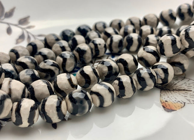 6mm 8mm 10mm 12mm AAA DZI Tibetan Agate Faceted Round Gray And Black Wave Line Tibetan Agate Gemstone Loose Beads #2571