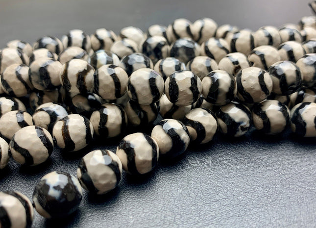 6mm 8mm 10mm 12mm AAA DZI Tibetan Agate Faceted Round Gray And Black Wave Line Tibetan Agate Gemstone Loose Beads #2571