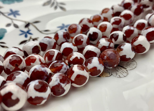 8mm 10mm AAA DZI Tibetan Agate Faceted Round Orange Brown And White Football Tibetan Agate Gemstone Loose Beads #2675