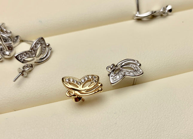 One Pair 925 Sterling Silver Earring Setting With CZ Genuine 925 Sterling Silver Butterfly Studs Findings For Half Drilled Pearls #10367