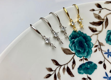 One Pair 925 Sterling Silver Earring Setting With CZ Genuine 925 Sterling Silver Earring Hook Findings For Half Drilled Pearls #10374