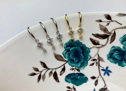 One Pair 925 Sterling Silver Earring Setting With CZ Genuine 925 Sterling Silver Earring Hook Findings For Half Drilled Pearls #10374