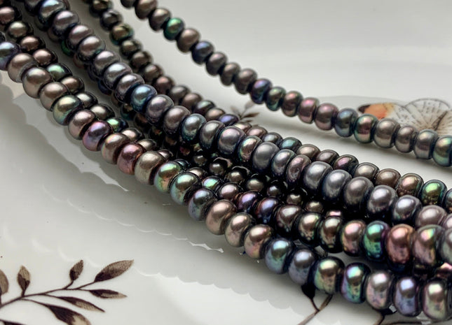 4x6.5-7 mm AAA Large Hole Dark Peacock Button Roundelle Freshwater Pearl Hole Size 2.2mm