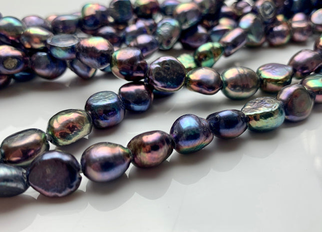 9-10x11-12mm AAA HalfStrand Large Hole Purplish Peacock Color Freshwater Rice Nugget Pearl 2.2mm Hole High Luster Wild Peacock Pearl #1966