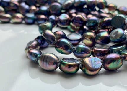 9-10x11-12mm AAA HalfStrand Large Hole Purplish Peacock Color Freshwater Rice Nugget Pearl 2.2mm Hole High Luster Wild Peacock Pearl #1966