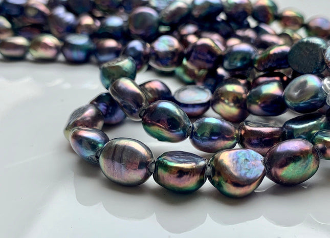 9-10x11-12mm AAA HalfStrand Large Hole Purplish Peacock Color Freshwater Rice Nugget Pearl 2.2mm Hole High Luster Wild Peacock Pearl #1966