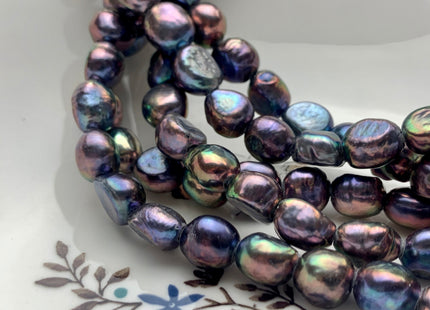 9-10x11-12mm AAA HalfStrand Large Hole Purplish Peacock Color Freshwater Rice Nugget Pearl 2.2mm Hole High Luster Wild Peacock Pearl #1966