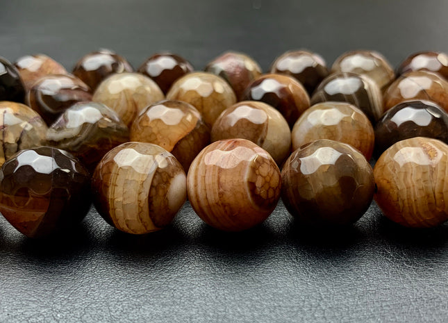 BEST DEAL 12mm 16mm Faceted Round Fire Agate Gemstone Beads Heat Treated Dark Toffee Color Natural Gemstone Agate 15.5 Inches Strand #2680