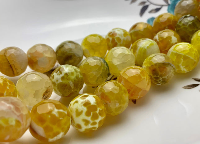 BEST DEAL 14mm 16mm Faceted Round Fire Agate Gemstone Beads Heat Treated Mixed Green Yellow Lemon Color Agate 15.5 Inches Strand #2685