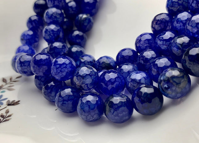 12 mm Faceted Round Fire Agate Gemstone Beads Heat Treated Dark Blue Black Mixed Color Natural Agate 15.5 Inches Strand #2662