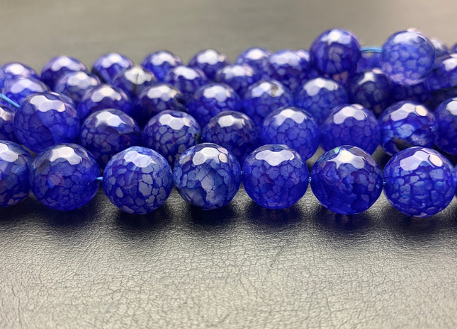 12 mm Faceted Round Fire Agate Gemstone Beads Heat Treated Dark Blue Black Mixed Color Natural Agate 15.5 Inches Strand #2662