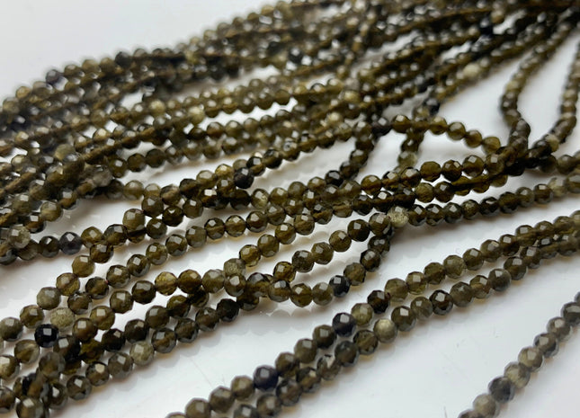 BEST DEAL 2.5 mm Gold Sheen Faceted Round Tiny Obsidian Gemstone Beads Genuine Natural Obsidian Loose Beads 15.5 Inches Strand #2532