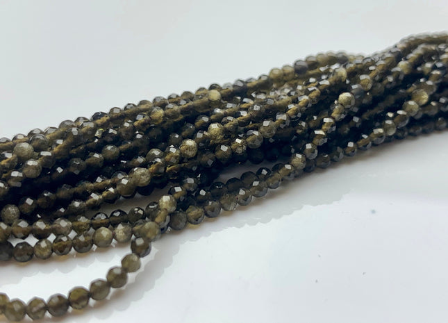 BEST DEAL 2.5 mm Gold Sheen Faceted Round Tiny Obsidian Gemstone Beads Genuine Natural Obsidian Loose Beads 15.5 Inches Strand #2532
