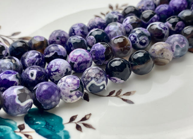 BEST DEAL 10 mm Faceted Round Fire Agate Gemstone Beads Heat Treated Multi Purple Gray White Black Color Agate 15.5 Inches Strand #2700