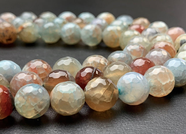 10mm 12mm Faceted Round Fire Agate Gemstone Beads Heat Treated Multi Green Orange Champagne Color Agate 15.5 Inches Strand #2701