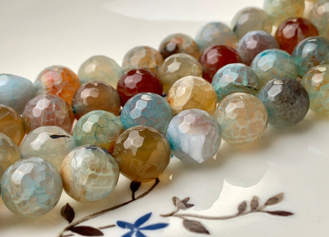 10mm 12mm Faceted Round Fire Agate Gemstone Beads Heat Treated Multi Green Orange Champagne Color Agate 15.5 Inches Strand #2701
