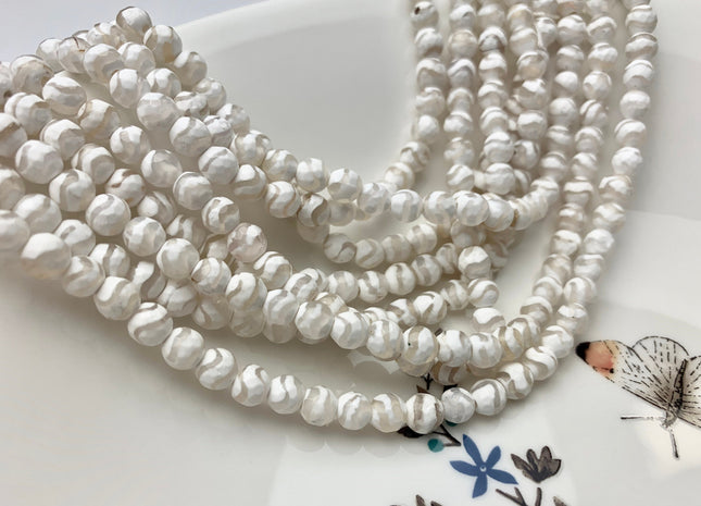 6 mm 8 mm 10 mm 12 mm AAA DZI Tibetan Agate Faceted Round White Wave Stripe Tibetan Agate Gemstone Loose Beads #2565
