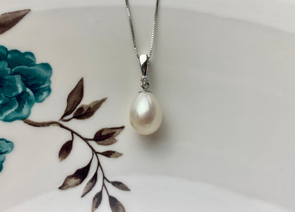 One-Of-A-Kind 9.5-10x13 mm AAA Natural White Genuine Freshwater Pearl Pendant W/925 Sterling Silver Pendant Necklace Bridal Jewelry #10004-B