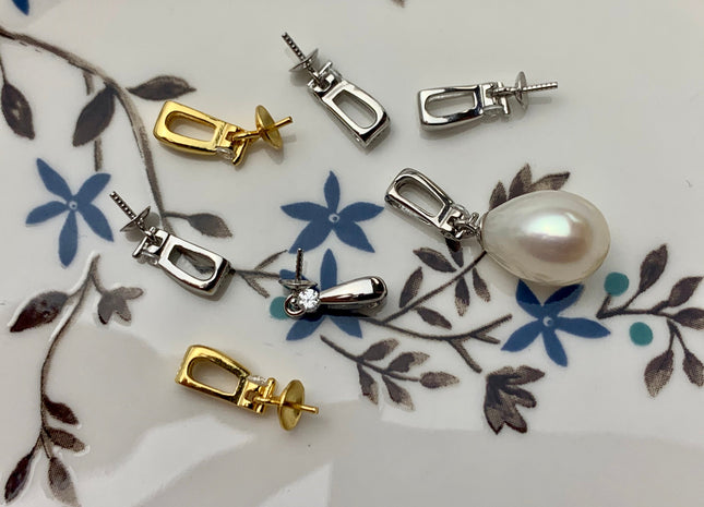 One Piece 925 Sterling Silver/Gold Pendant Cap Setting Findings For Half Drilled Pearls Genuine 925 Sterling Silver W/CZ Pendant #10004-A