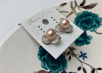 AAAA 8.5 mm Natural Pink Freshwater Round Pearl Earring Studs W/925 Sterling Silver High Luster Pearl Flower Earring Bridal Jewelry #10006-B