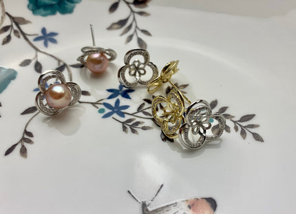 One Pair 925 Sterling Silver/Gold Earring Peg Setting Genuine 925 Sterling Silver Flower Studs Findings For Half Drilled Pearls #10006-A