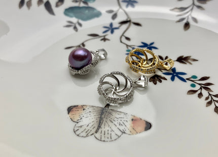 One Piece 925 Sterling Silver/Gold Pendant Setting Findings For Half Drilled Pearl Flower Shape Design W/CZ DIY Jewelry Pendant #10009-A